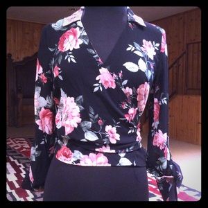 Black and Pink Colorful Flower Long Sleeve Blouse